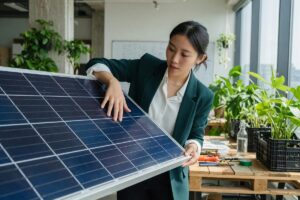 Modern devices and renewable energy symbols representing sustainable green technology choices