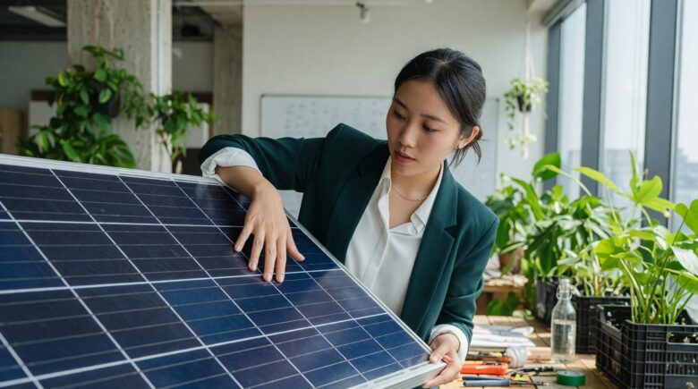 Modern devices and renewable energy symbols representing sustainable green technology choices