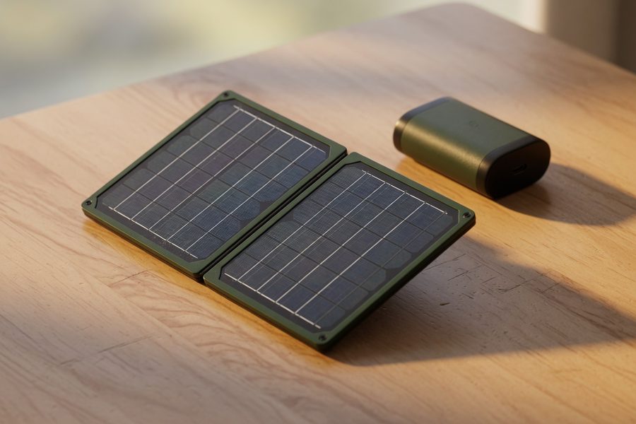 A clutter-free home office desk with a portable solar panel and battery on a windowsill.