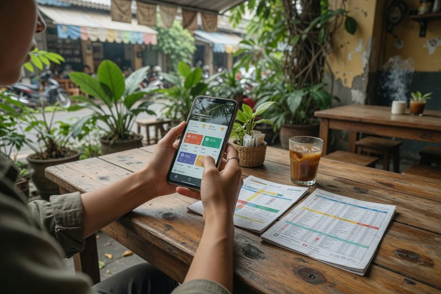 Smartphone displaying a 12Go search result comparing bus and train options on the Hanoi to Sapa route