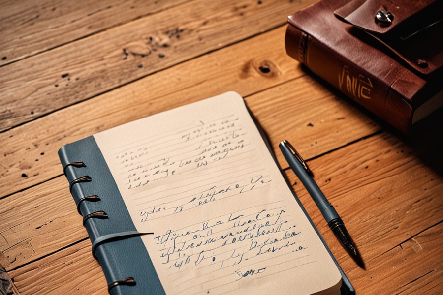 Photo: A traveler jotting a quick note in a small notebook at a train station