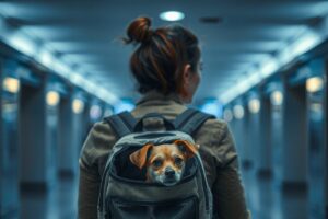 A pet resting comfortably in a pet backpack while traveling