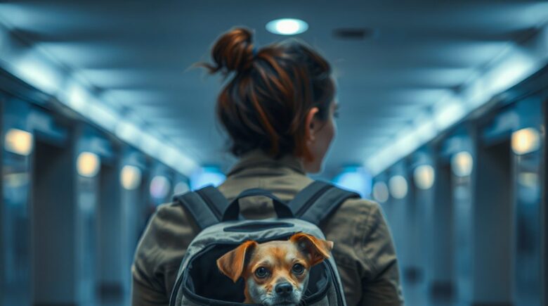 A pet resting comfortably in a pet backpack while traveling