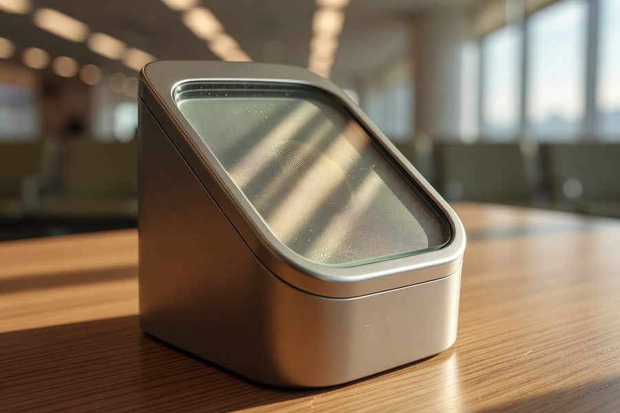Global Entry kiosk at airport customs area with facial recognition camera