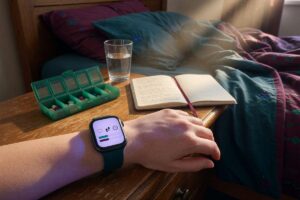 Full-time caregiver wearing a smartwatch while reviewing care schedule on tablet
