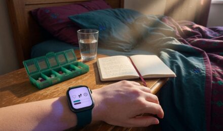 Full-time caregiver wearing a smartwatch while reviewing care schedule on tablet