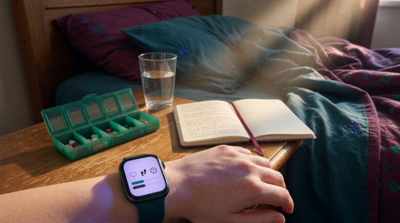 Full-time caregiver wearing a smartwatch while reviewing care schedule on tablet