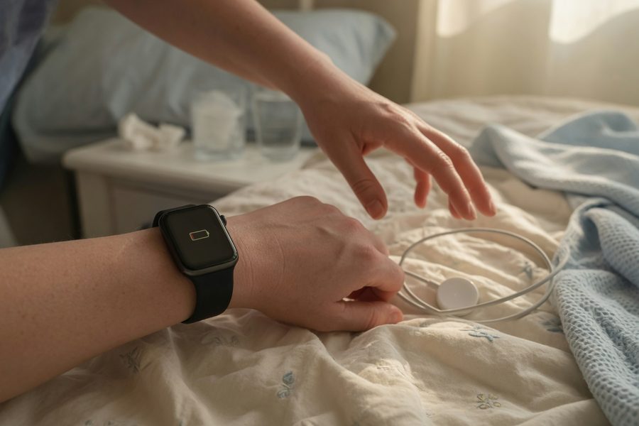 A caregiver's wrist wearing a smartwatch with clean complication layout: medication, steps, heart rate, and voice notes