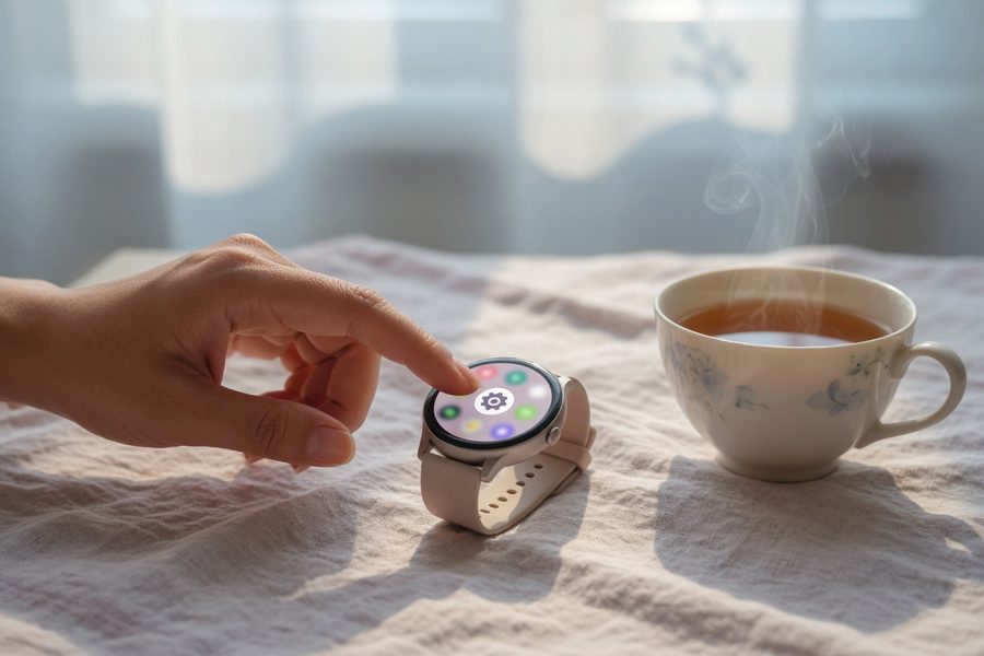 Smartwatch on a wireless charger during a quiet moment in a caregiver's day