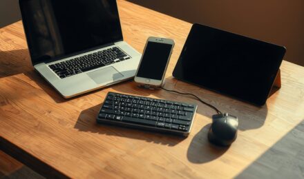 Austin freelancer with three portable workstation gadgets: laptop, e-ink tablet, and Thunderbolt dock arranged on a desk