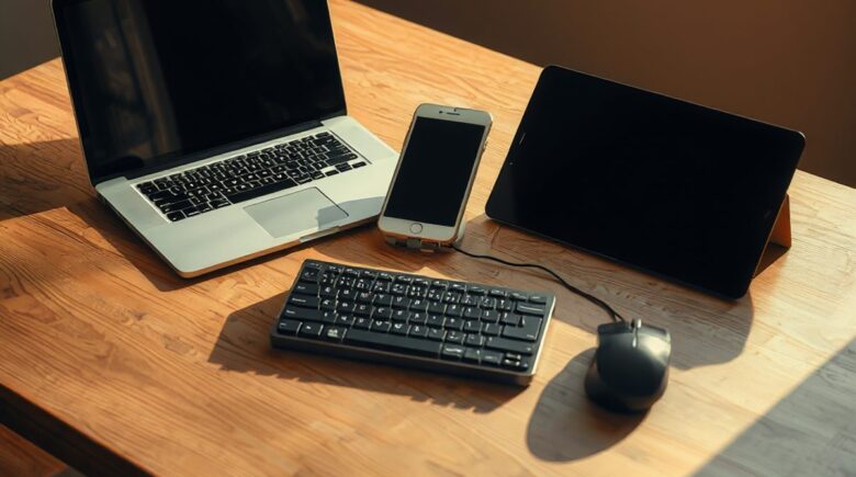 Austin freelancer with three portable workstation gadgets: laptop, e-ink tablet, and Thunderbolt dock arranged on a desk